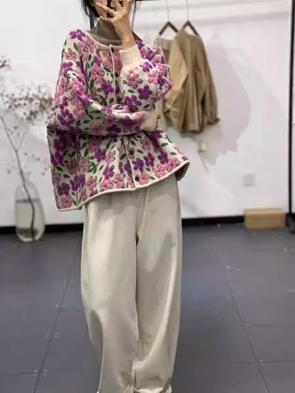 Luxury Slouchy Fair Isle Jacquard Round Neck Plus Size Cardigan Coat