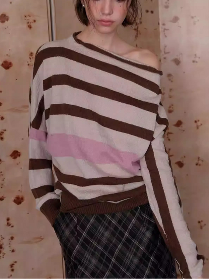 Cream Brown Blush Color Block Off Shoulder Sweater