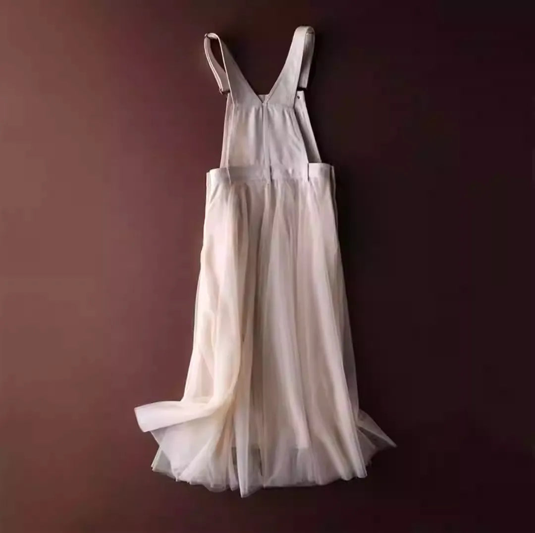 Boho Chic Denim Suspender Skirt with Tulle