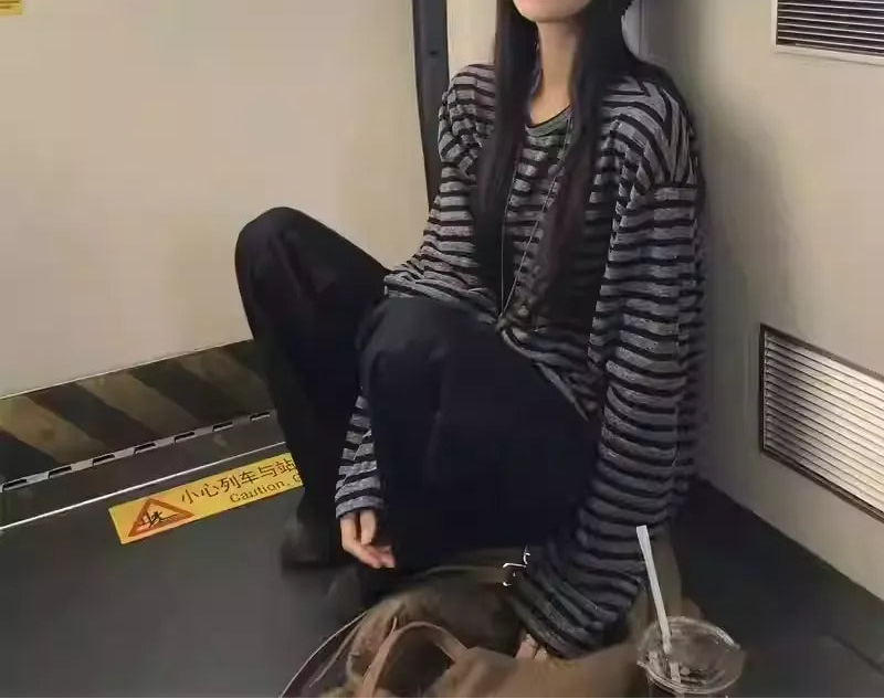 Black and Gray Striped Long Sleeve T-Shirt