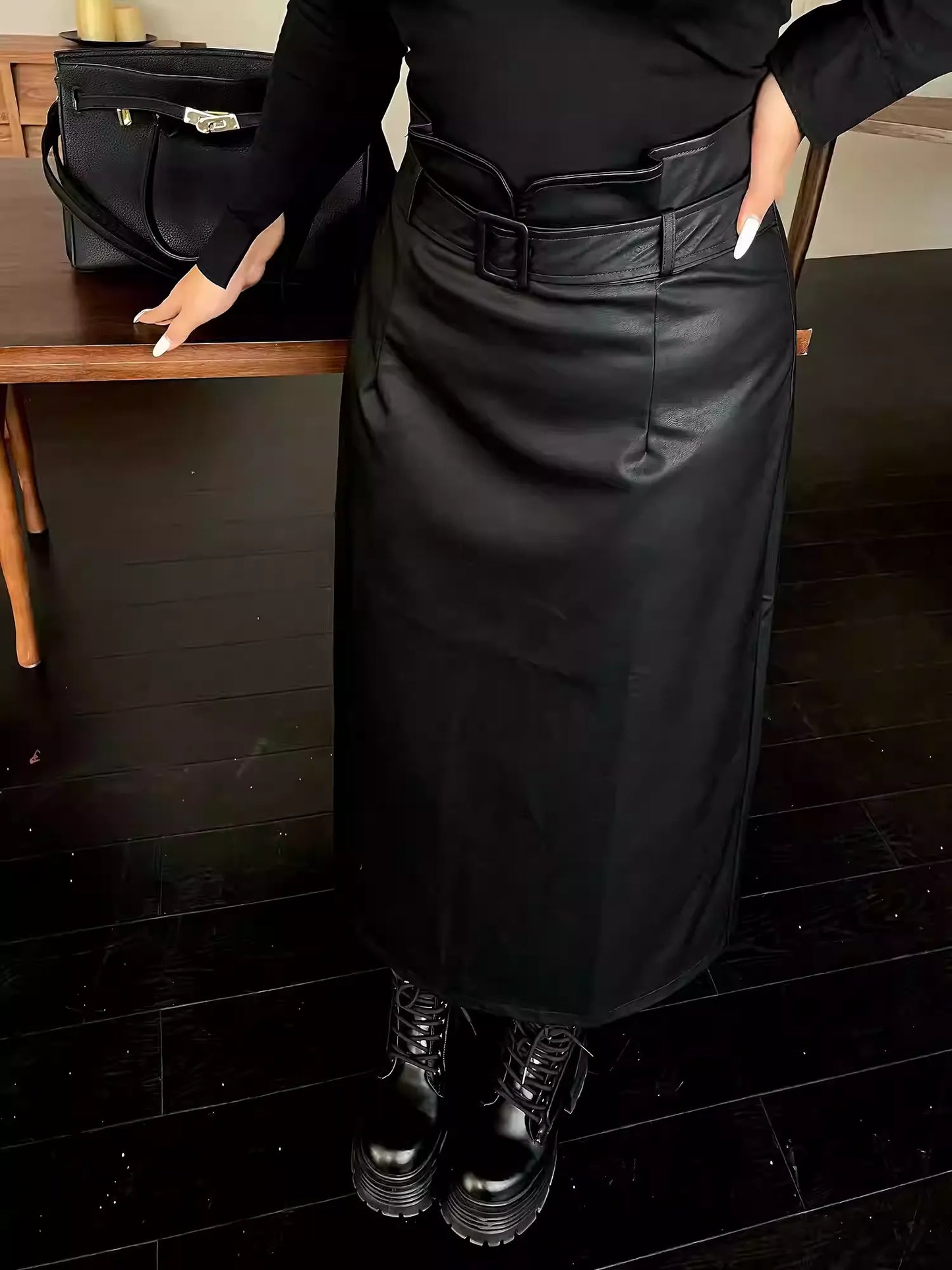 Plus Size High Waist Slim Bodycon Black Leather Skirt