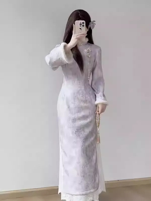 New Chinese style purple fleece-lined cheongsam