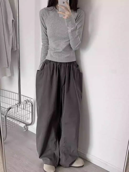 American Retro Embroidered Gray  Slim Fitted Shoulder Brushed Top