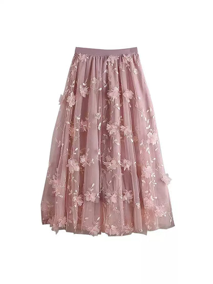 Layered Mesh Tulle Full Flare Skirt with 3D Embroidery