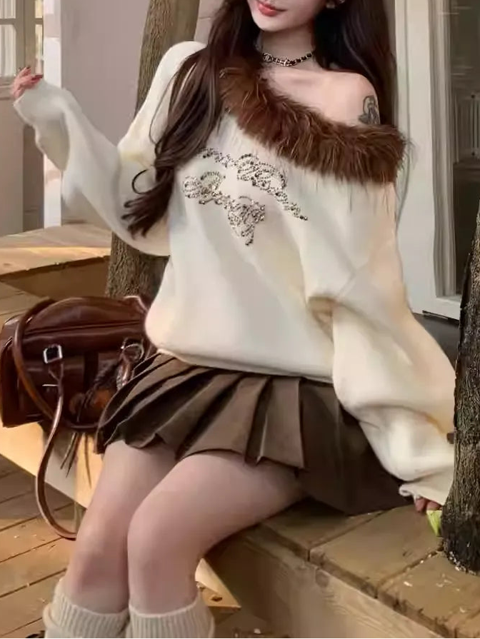 Shoulder Top & Pleated Skirt Two-Piece