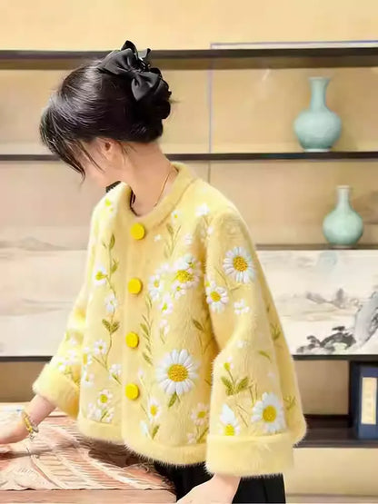 Yellow Embroidery Jacquard Knit Coat