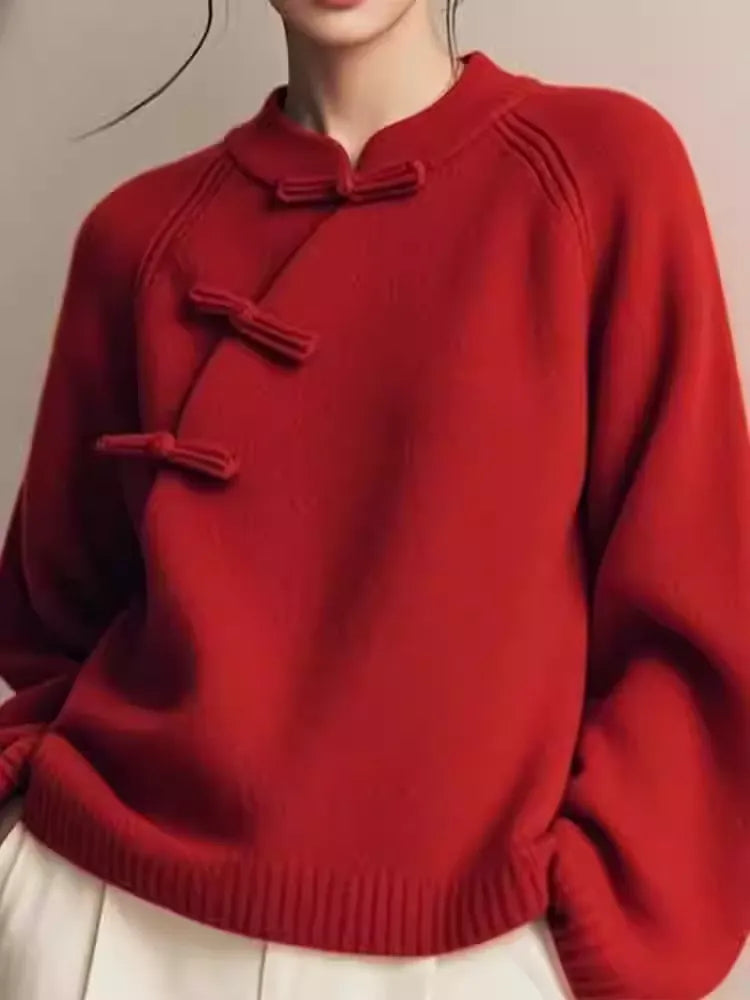 2026 Year of the Horse Red Mandarin Collar Frog Button New Chinese Sweater