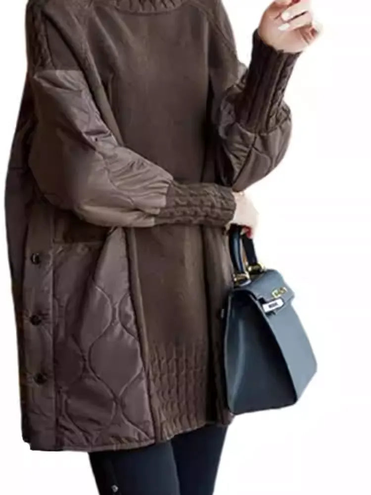 Fashion Mocha Brown Loose Turtleneck Patchwork Sweater, Commute Casual Knitwear