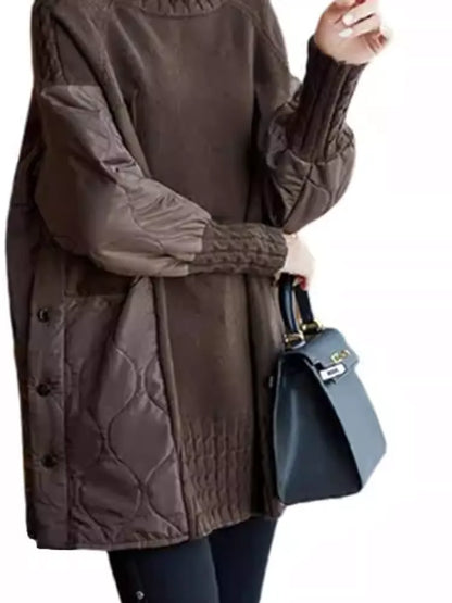 Fashion Mocha Brown Loose Turtleneck Patchwork Sweater, Commute Casual Knitwear