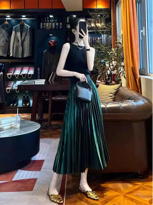 Vintage Peacock Green Exra Large Hem Draping Silk Velvet Pleated Skirt Spring