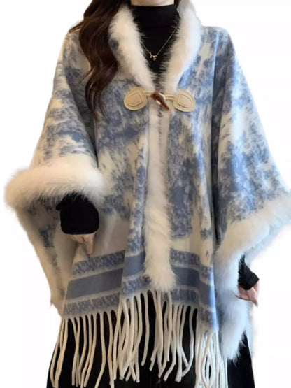Dyed Ink Wash Print Faux Fur Patchwork Shawl Coat Women
