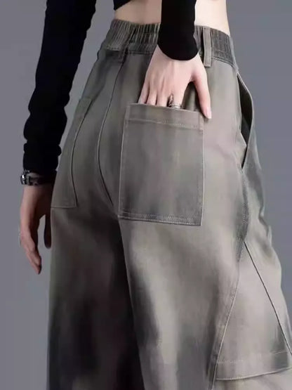 High Waist Tie Dye Curved Leg Cargo Jeans - Loose Fit