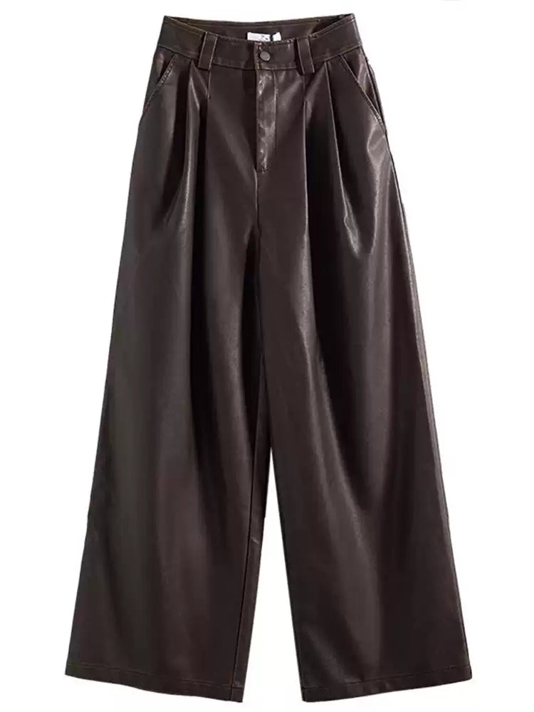 Women's Vintage Maillard Brown Pleated Wide-Leg Casual Pants