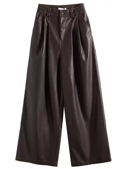 Women's Vintage Maillard Brown Pleated Wide-Leg Casual Pants
