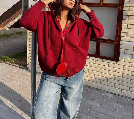 Plus Size Double Zipper Red Outerwear