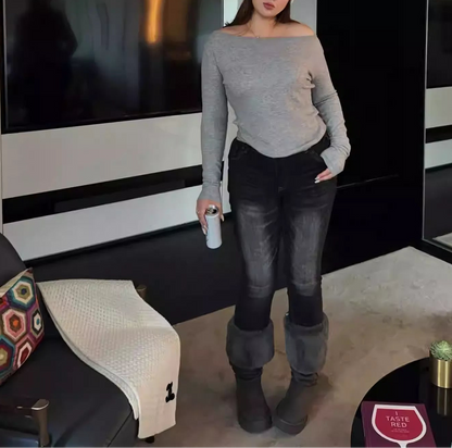 Plus Size Off-Shoulder Herringbone Knit Top