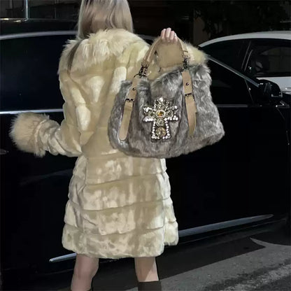 Faux Mink Fur Texture Gemstone Underarm Bag | Minimalist & Elegant Shoulder Work Bag