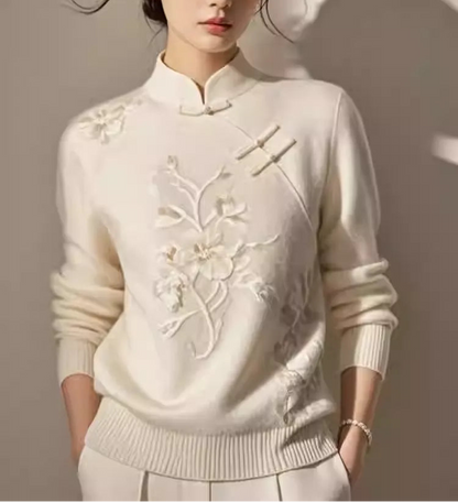 High-end New Chinese Retro Knitted Sweater Women Fashion Versatile  Top