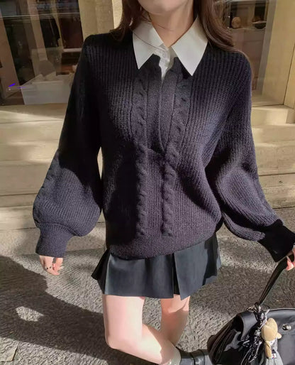 Plus Size Contrast Collar Lantern Sleeve Sweater