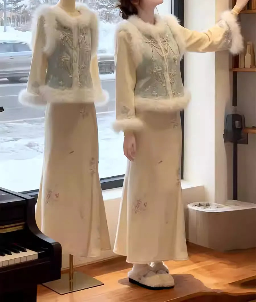 A two-piece set featuring Chinese-style vest and cheongsam skirt.