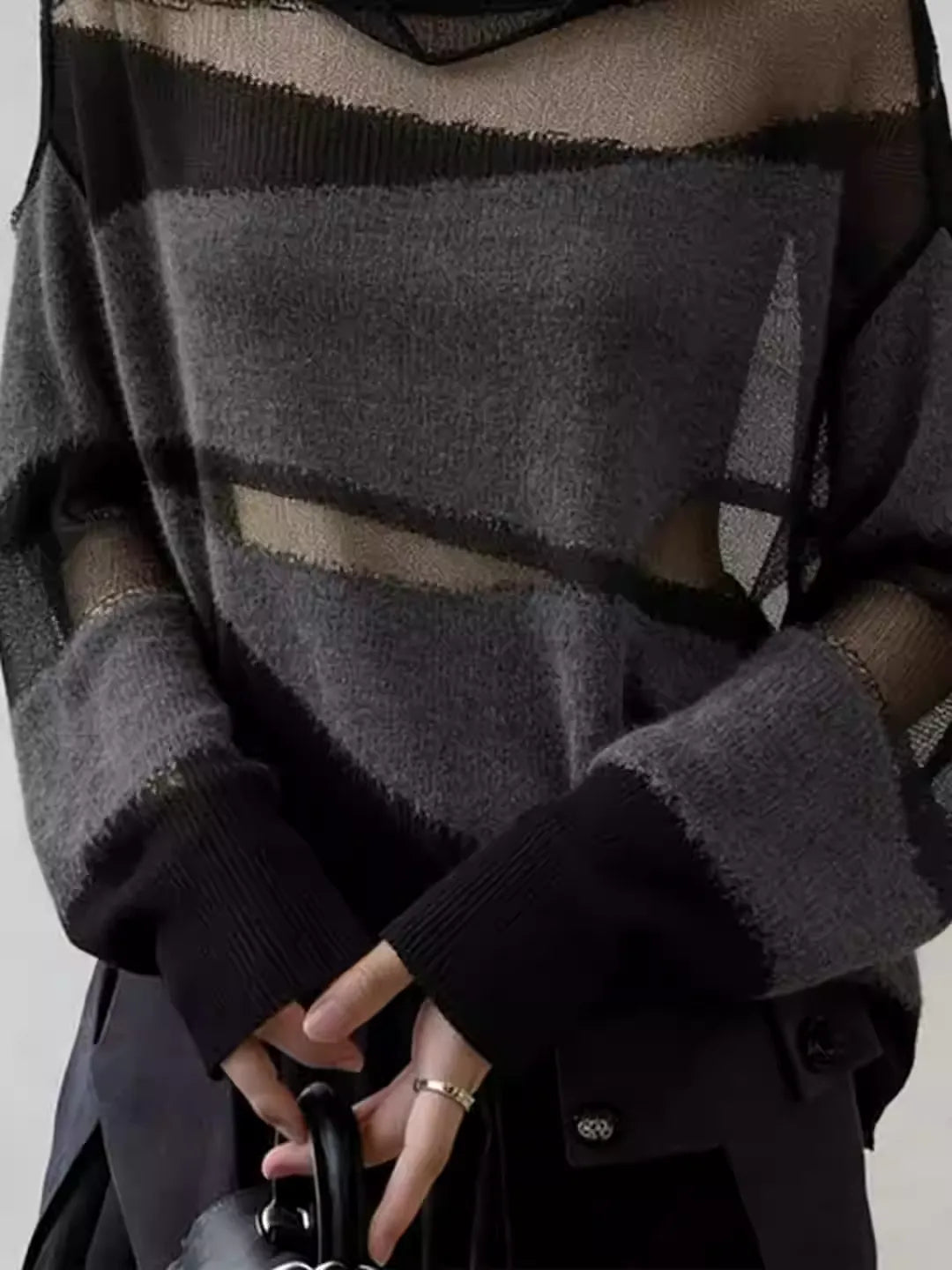 New Arrival Women's Mesh Sheer Hollow Out Patchwork Knit Sweater