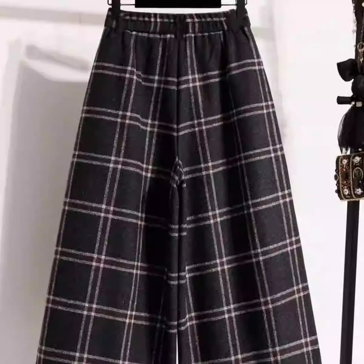 High Waist Black Plaid Wool Loose Wide Leg Cropped Trousers