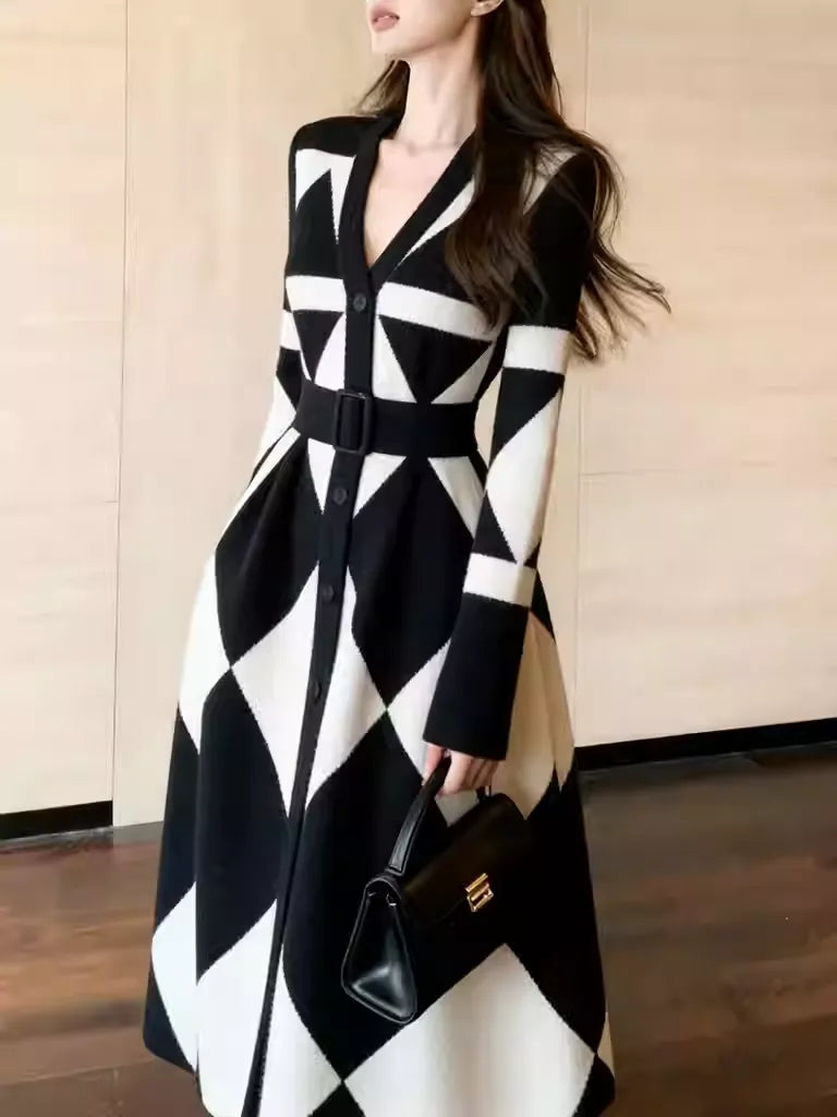 Diamond-patterned dress, retro geometric style long skirt