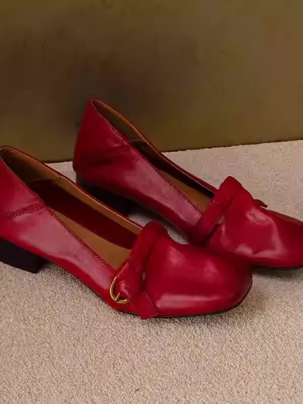 New Arrival Red Genuine Leather Low Heel Square Toe Low-Cut Pumps