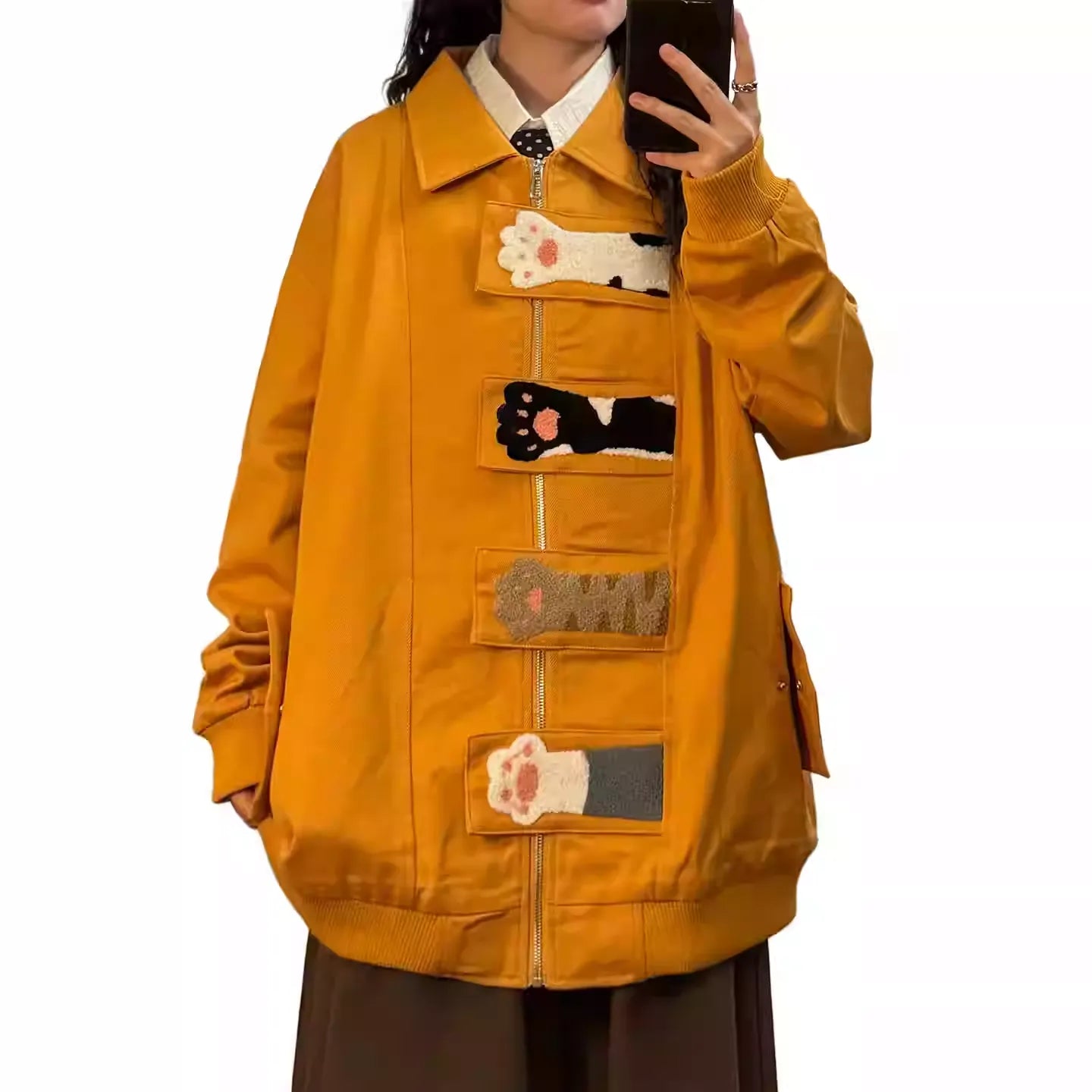 Unisex Streetwear Playful Cat Paw Towel Embroidery Design Jacket New Arrival