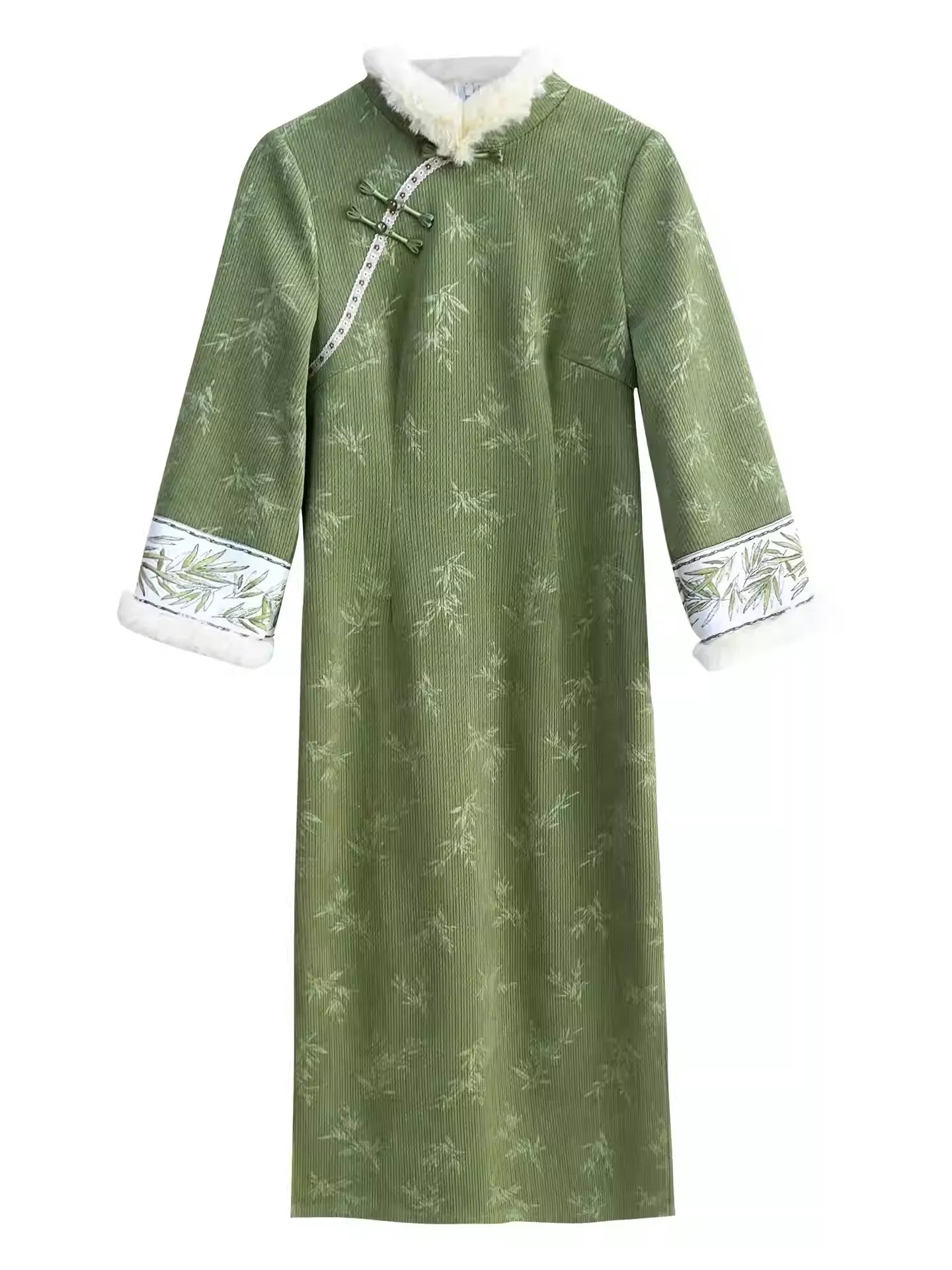 Plus Size Chinese Style Green Bamboo Velvet Qipao