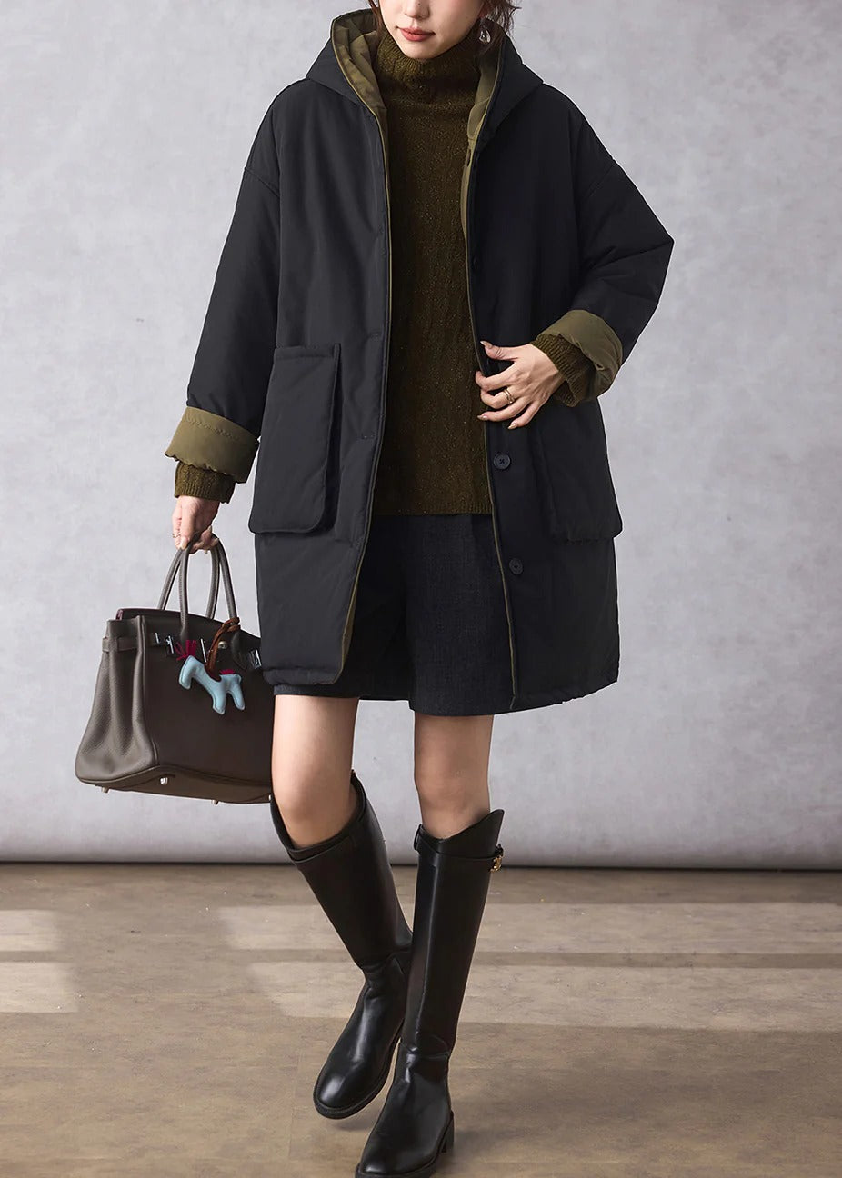 Organic Black Oversized Wear On Both Sides Fine Cotton Filled Hoodie Coat Winter