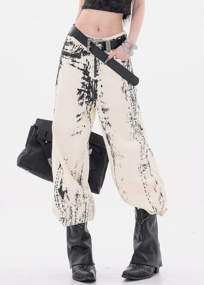 Art Apricot Print Pockets High Waist Denim Pants Fall