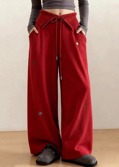 DIY Red Embroidered Tie Waist Cotton Straight Pants Spring