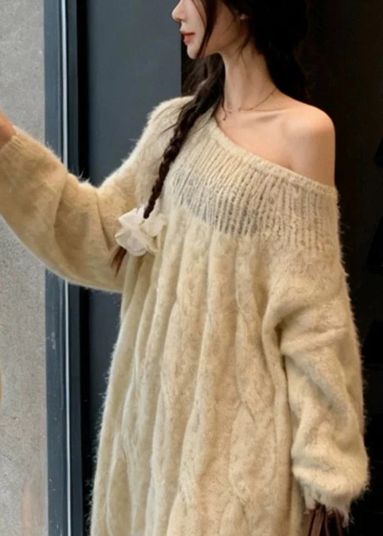 Elegant Beige Cold Shoulder Cable Knit Dress Spring