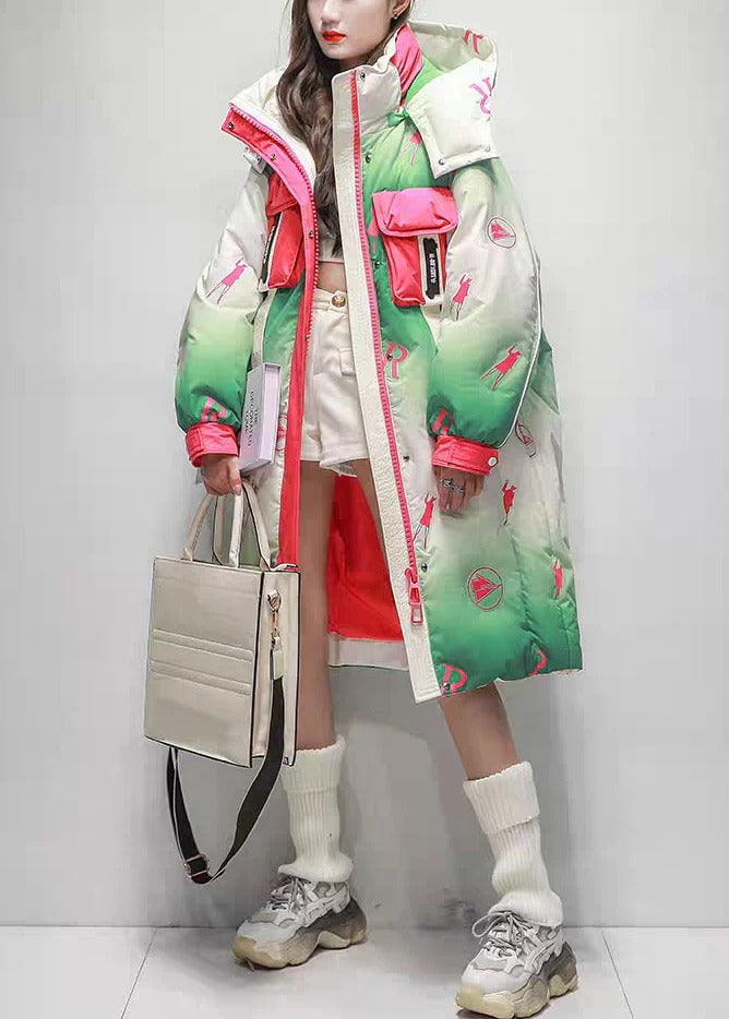 Purple Gradient Color Print Pockets Duck Down Down Winter Coats Hooded