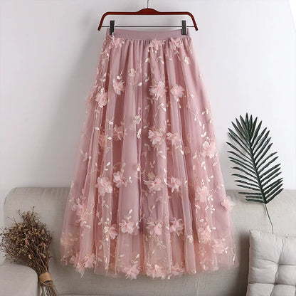 Layered Mesh Tulle Full Flare Skirt with 3D Embroidery