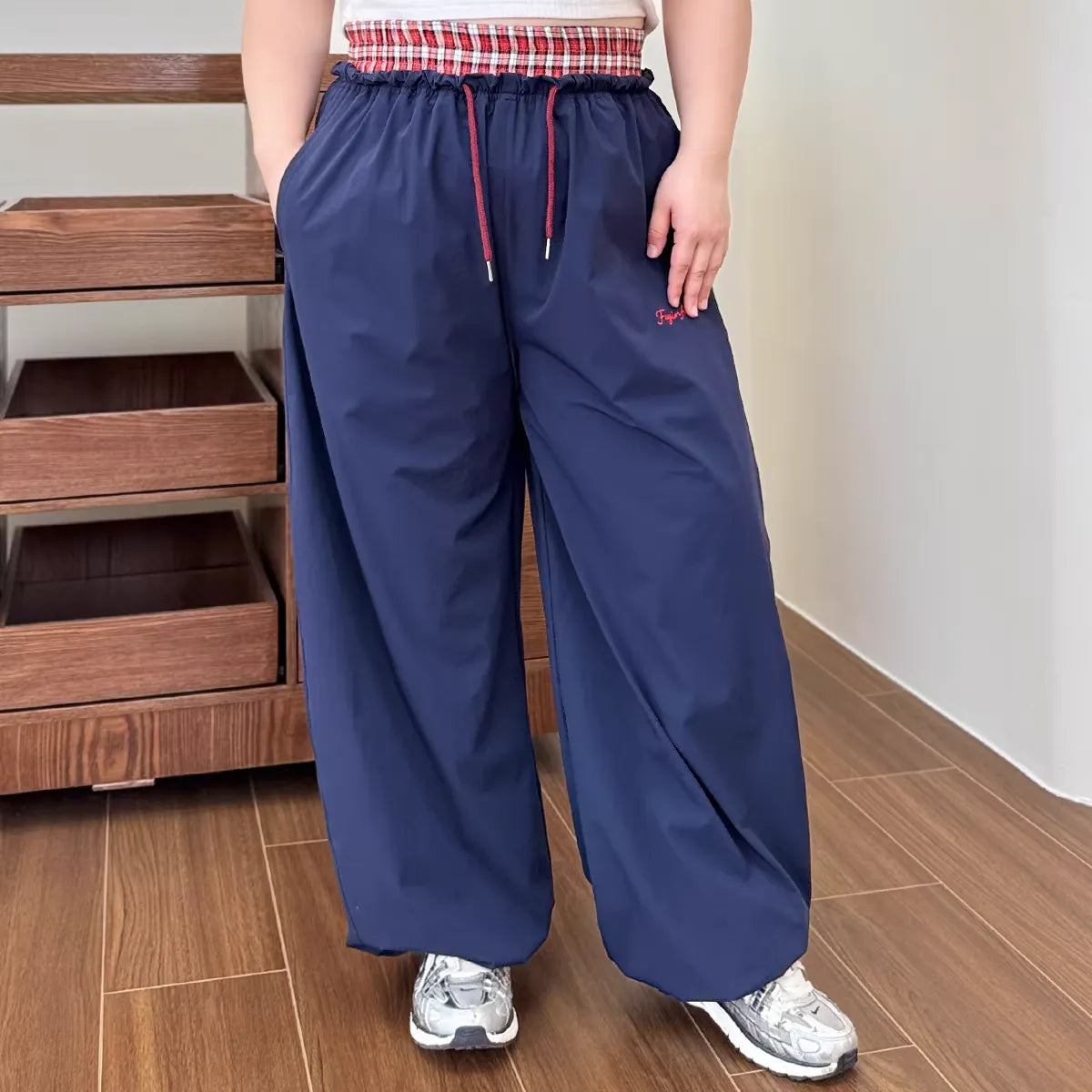 Plus Size Plaid Waist Patch High Waist Wide Leg Embroidery Casual Pants
