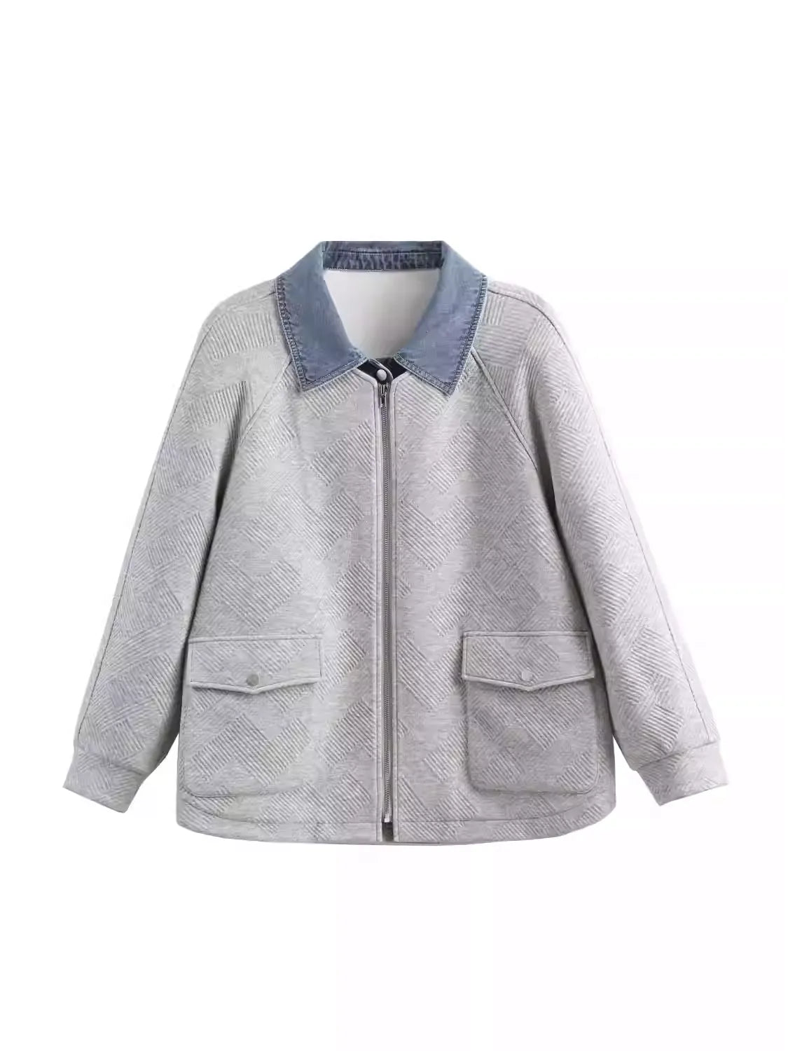 Plus Size 2026 Spring Loose Jacquard Knit Fake Two-Piece Denim Jacket