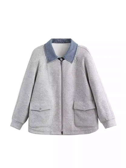 Plus Size 2026 Spring Loose Jacquard Knit Fake Two-Piece Denim Jacket