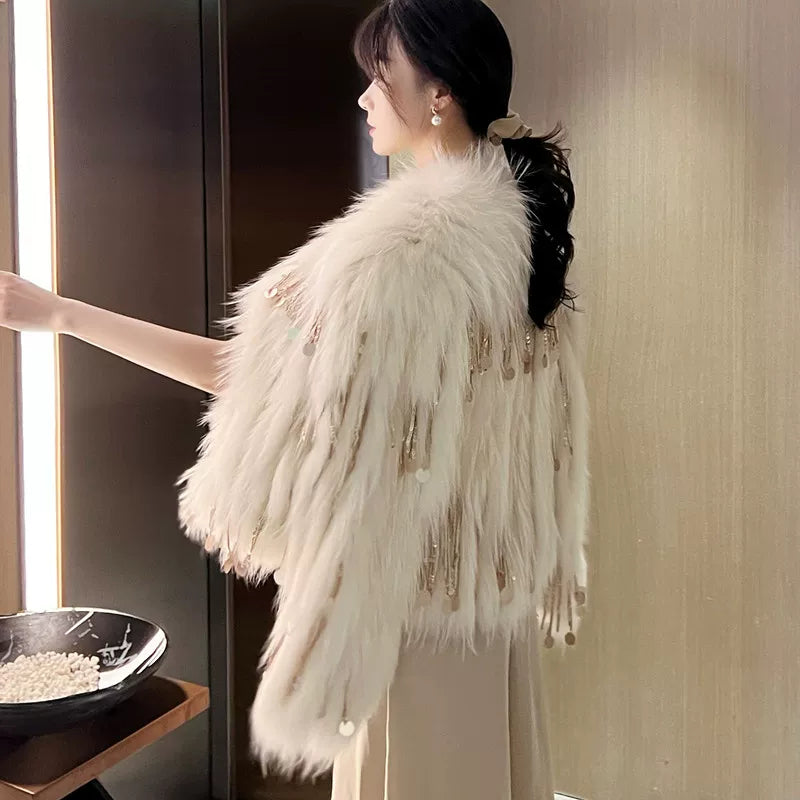 Luxury Fox Fur Coat with Tassel Trim - Winter Warm Outerwear