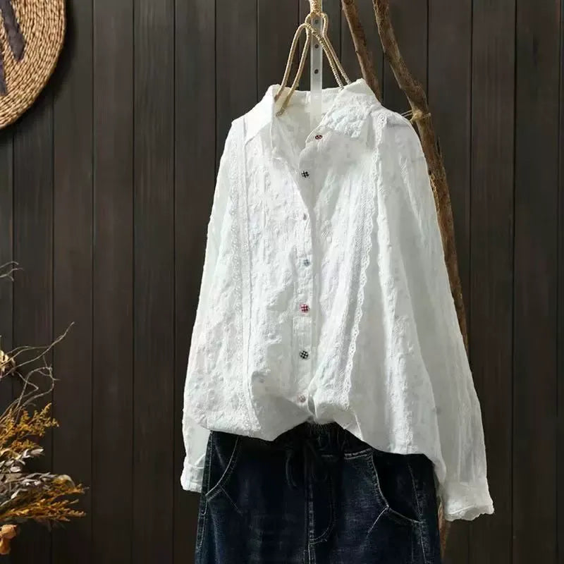 Lace Crochet Embroidery Pure Cotton White Shirt Long Sleeve