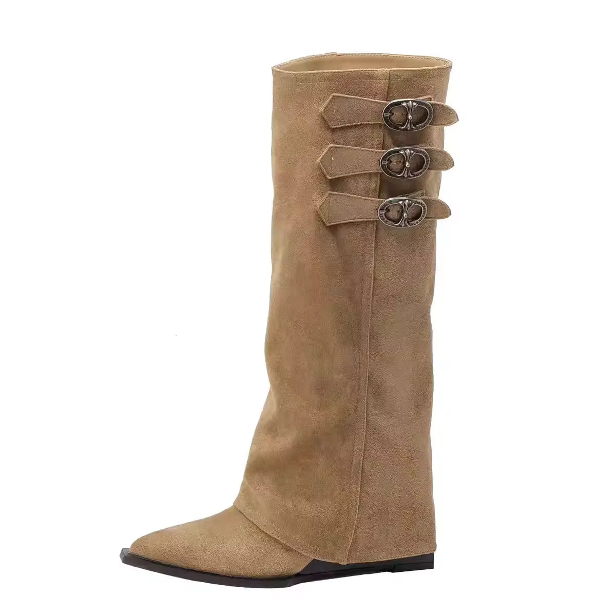 Pointed Toe Wedge Heel Slouchy Pleated Knee Boots