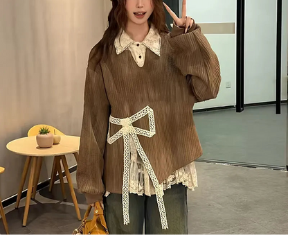 Plus Size Sweatshirt with Bowknot and Split Hem