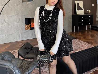 Plus Size Black Sequin Sleeveless Loose Dress, Tummy Hiding