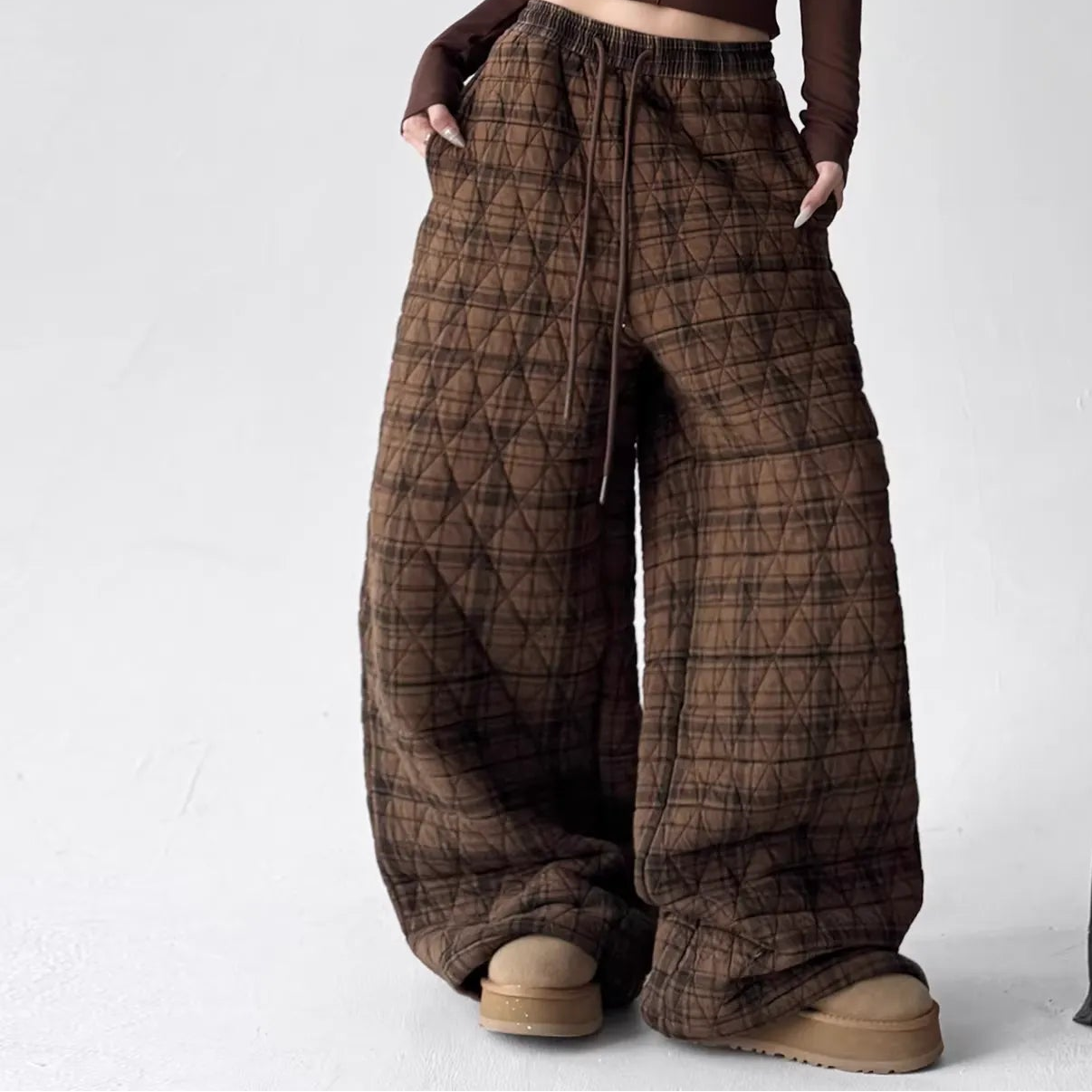 Diamond Quilted Padded Drawstring Wide Leg Pants