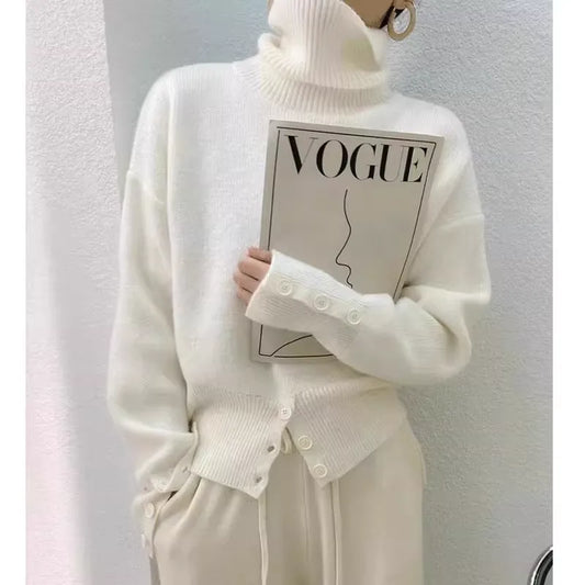 Women's Designer Button Slit Turtleneck Cashmere Sweater New Arrival