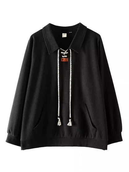 Plus Size Casual Streetwear Waffle Lapel Drawstring Sweatshirt