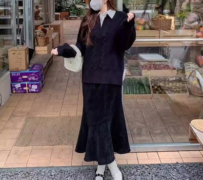 Plus Size Contrast Collar Lantern Sleeve Sweater