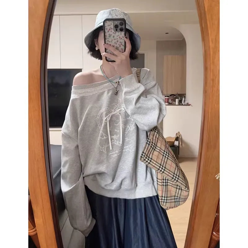 Asymmetrical Shoulder Lace Trim Sweatshirt