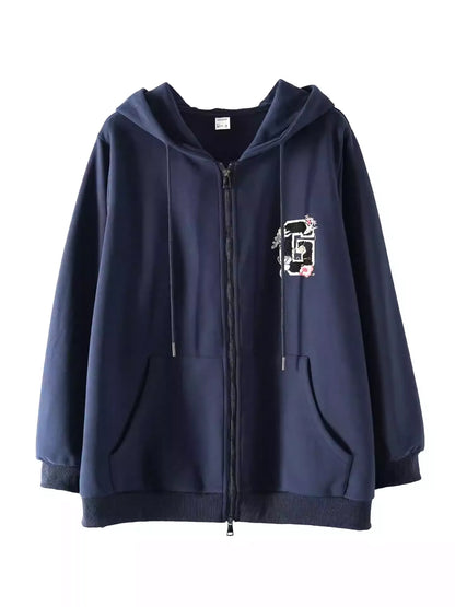 Plus Size Hooded Embroidered Loose Cardigan Sweatshirt Jacket